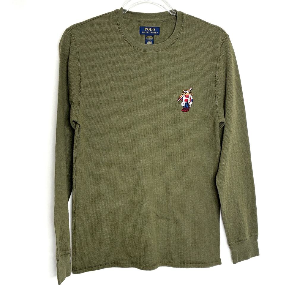 POLO Ralph Lauren Olive Green Waffle Knit Sleepwear Tee Long Sleeve Mens Medium